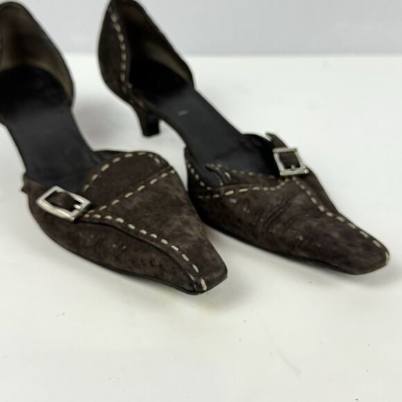 Prada Brown Suede D'Orsay Pumps Kitten Heels Buckle Pointed Toe Size 5.5 EU 35.5 - Picture 2 of 12